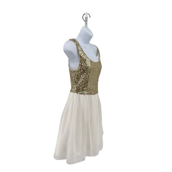 B. Darlin Sz 5/6 Gold/White Sequin Short Formal Dress Heart Shape Cutout Bow Tie - Picture 4 of 6